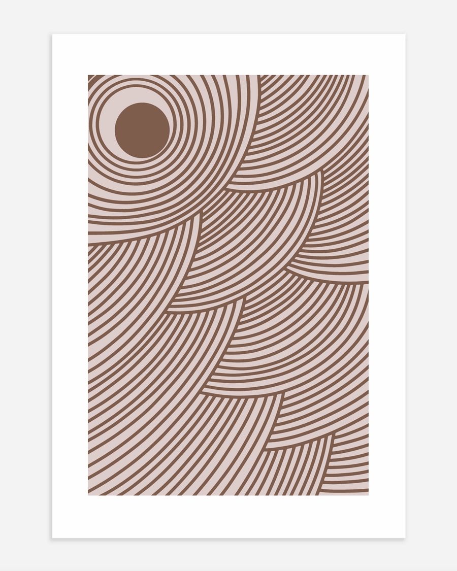 A poster of a Brown abstract curved lines forming circular patterns
