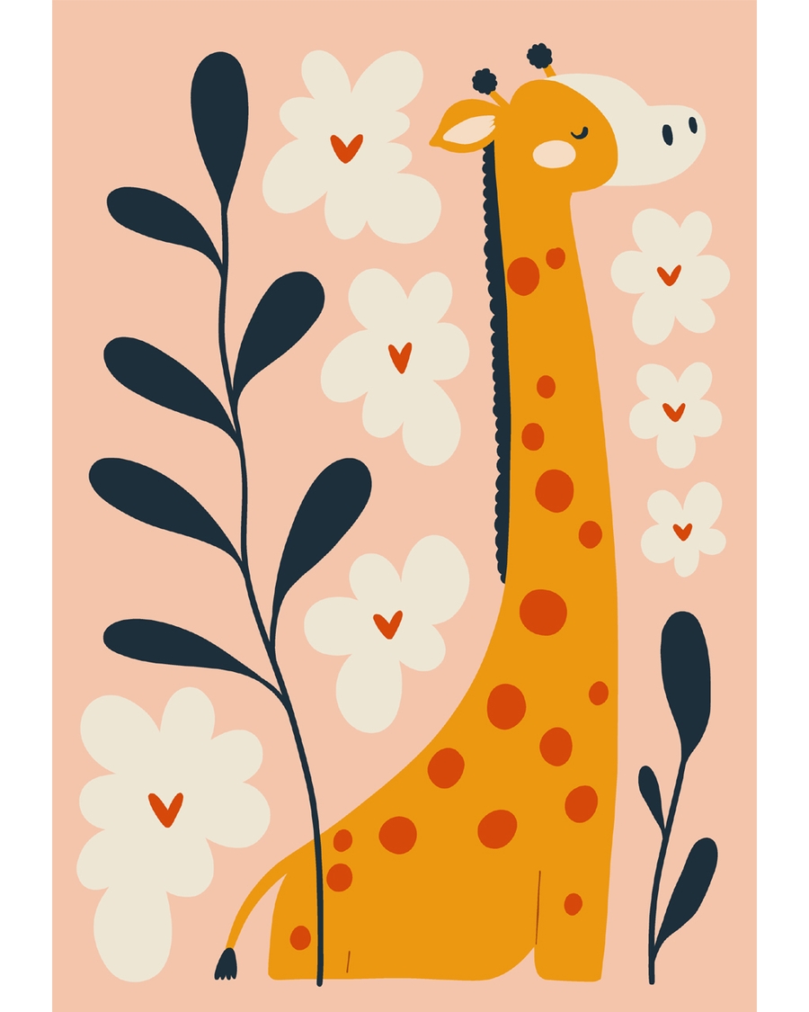 Orange giraffe among flowers and dark leaves