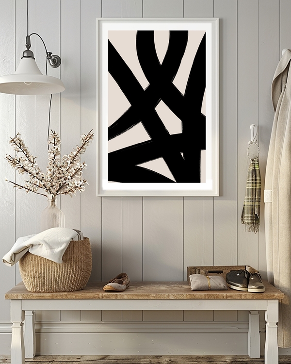 A poster of a thick black intersecting strokes on beige background
