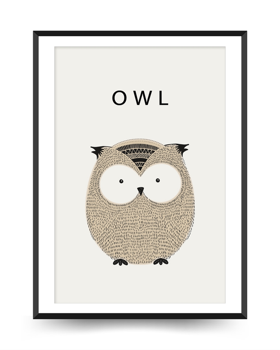 A poster of a Cute illustrated owl in soft neutral colors