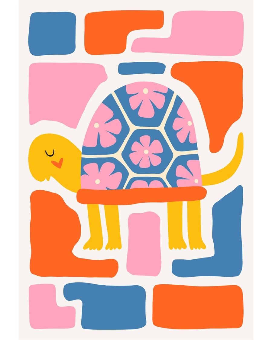 Smiling turtle, floral shell, playful Nordic colors