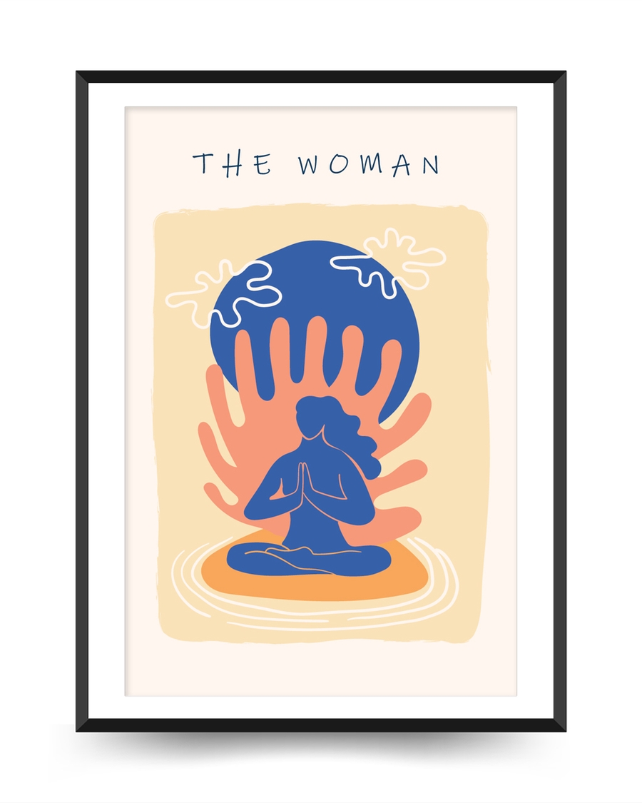A poster of a Abstract meditating woman with hands and blue circle