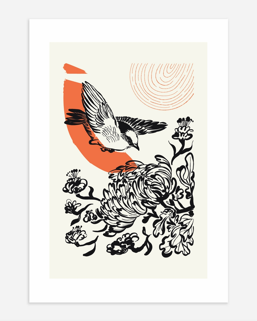 A poster of a Japandi ink bird with flowers and orange accent