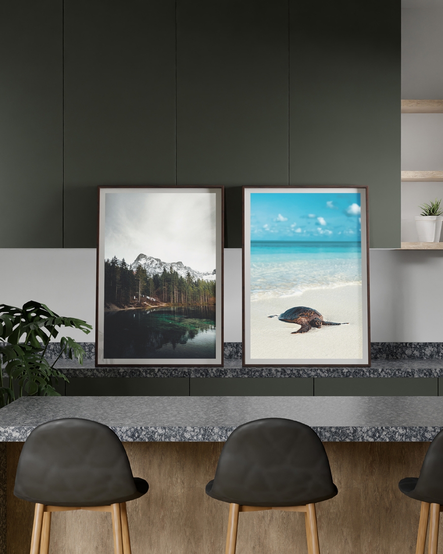 A poster of a Mountain lake with forest and snowy peaks reflected