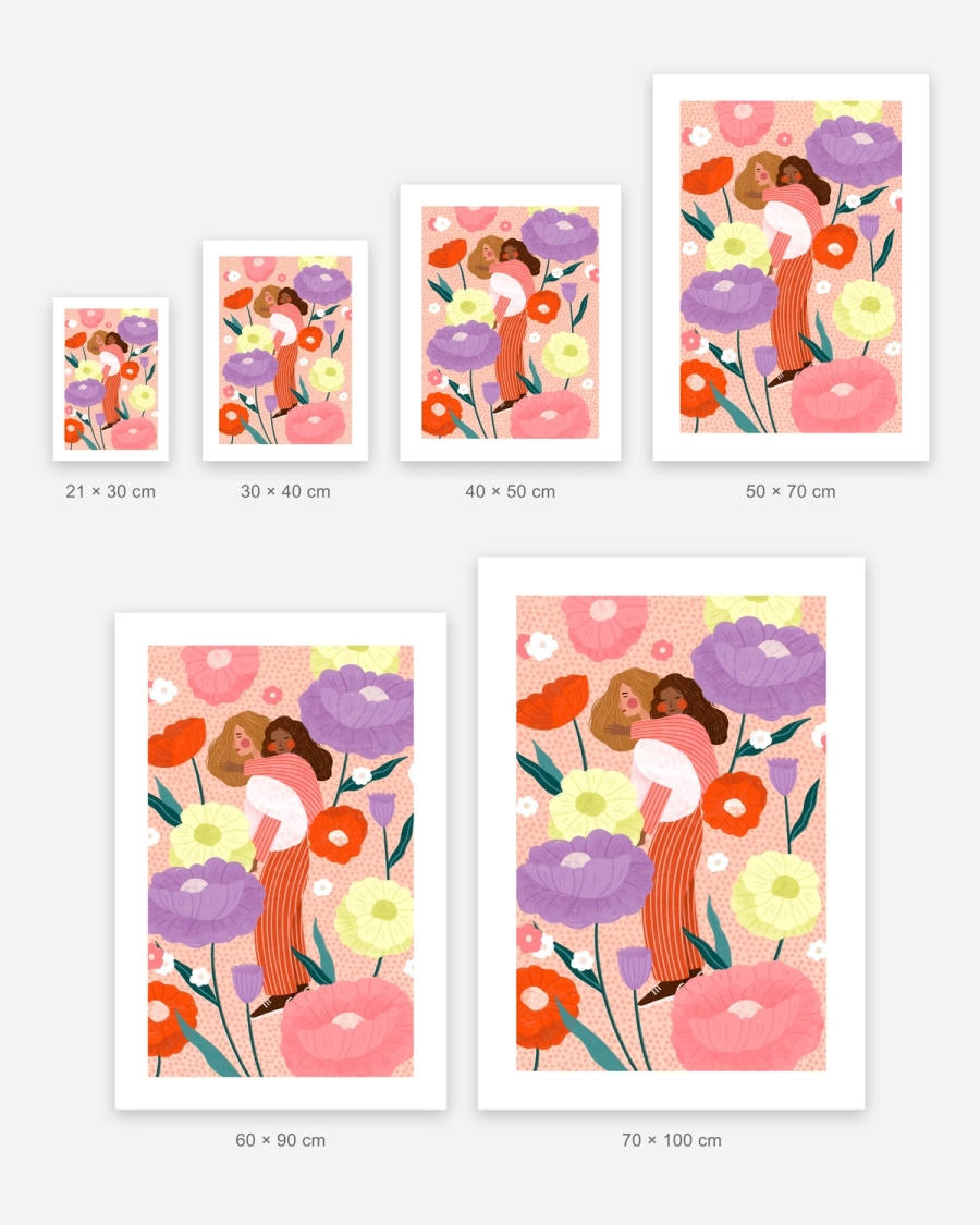 Embrace in Bloom poster in 6 sizes, shown to scale: 21 × 30, 30 × 40, 40 × 50, 50 × 70, 60 × 90 and 70 × 100 cm