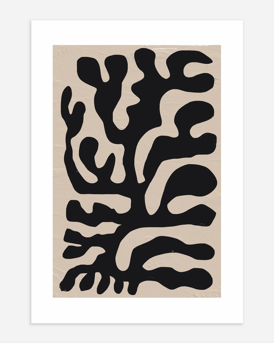 A poster of a Abstract black organic shapes on beige textured background