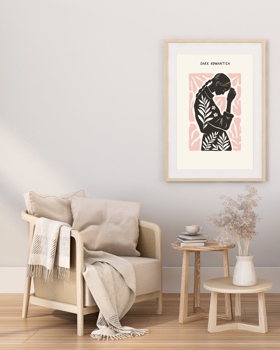 A poster of a Abstract silhouette figure with leaves and pink background