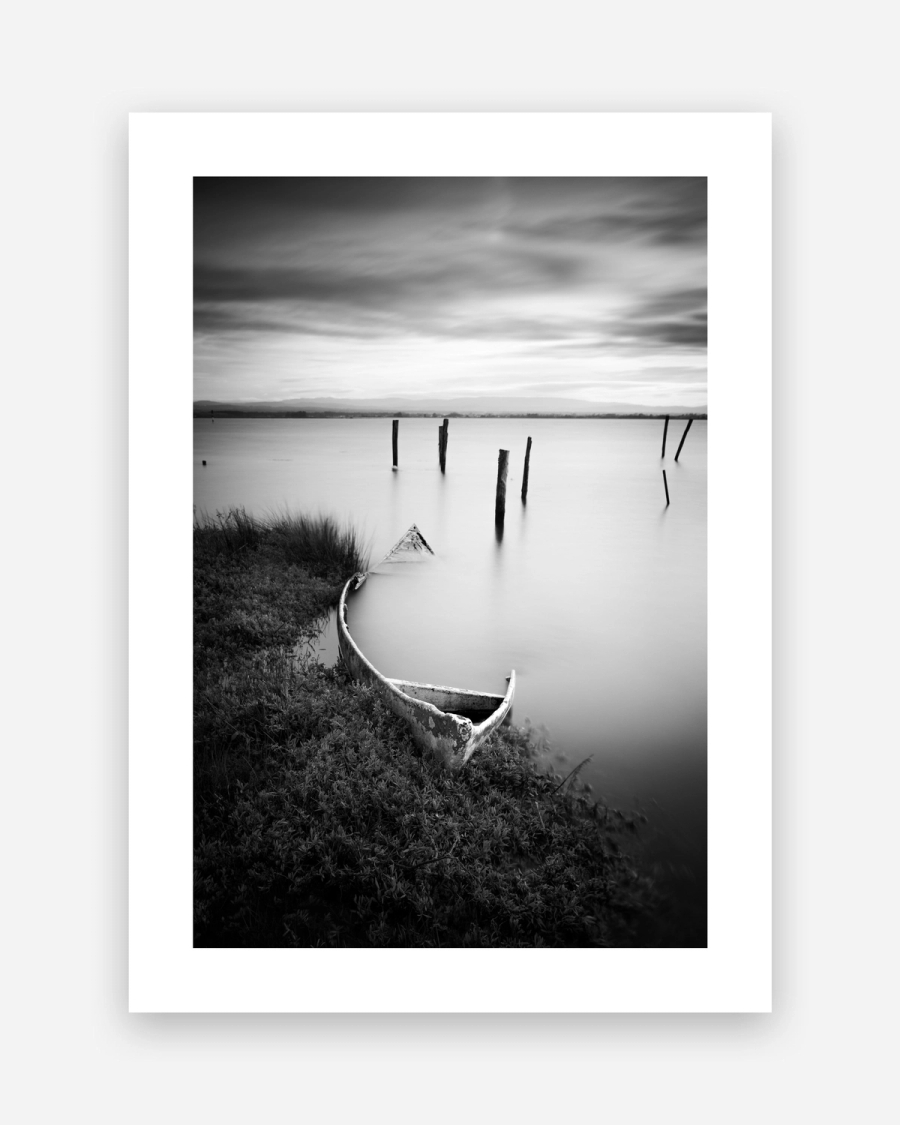 Forgotten Rowboat poster with a white border, unframed on a light gray background