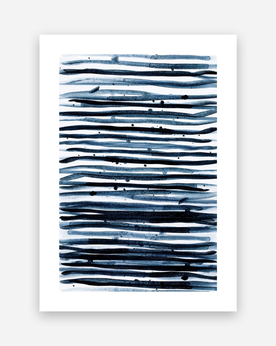 Indigo Stripes poster with a white border, unframed on a light gray background