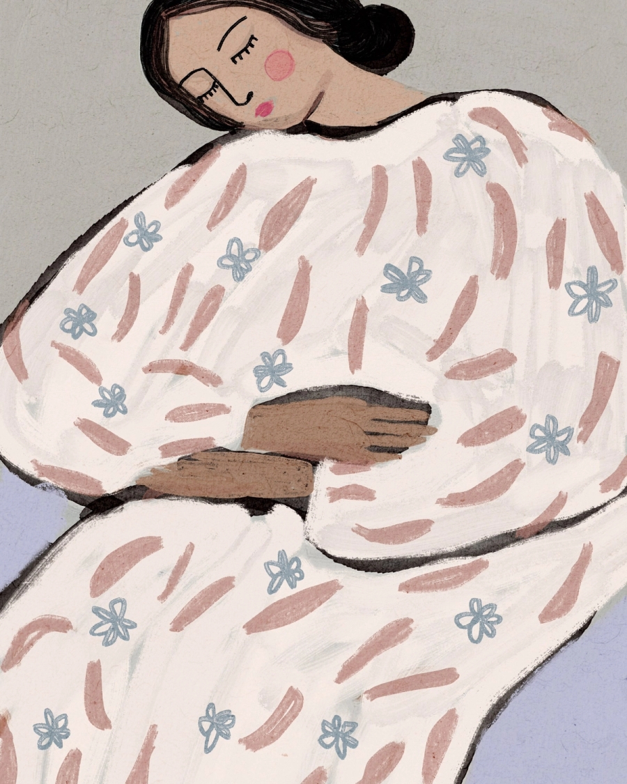Painted illustration of a woman with closed eyes resting in a white dress with pink strokes and blue flowers
