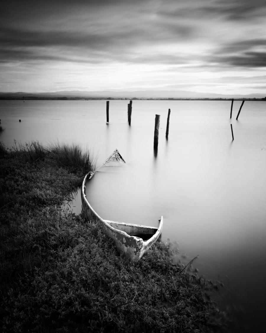 Black and white photo of an old rowboat half sunk at a grassy lakeshore with posts in still water