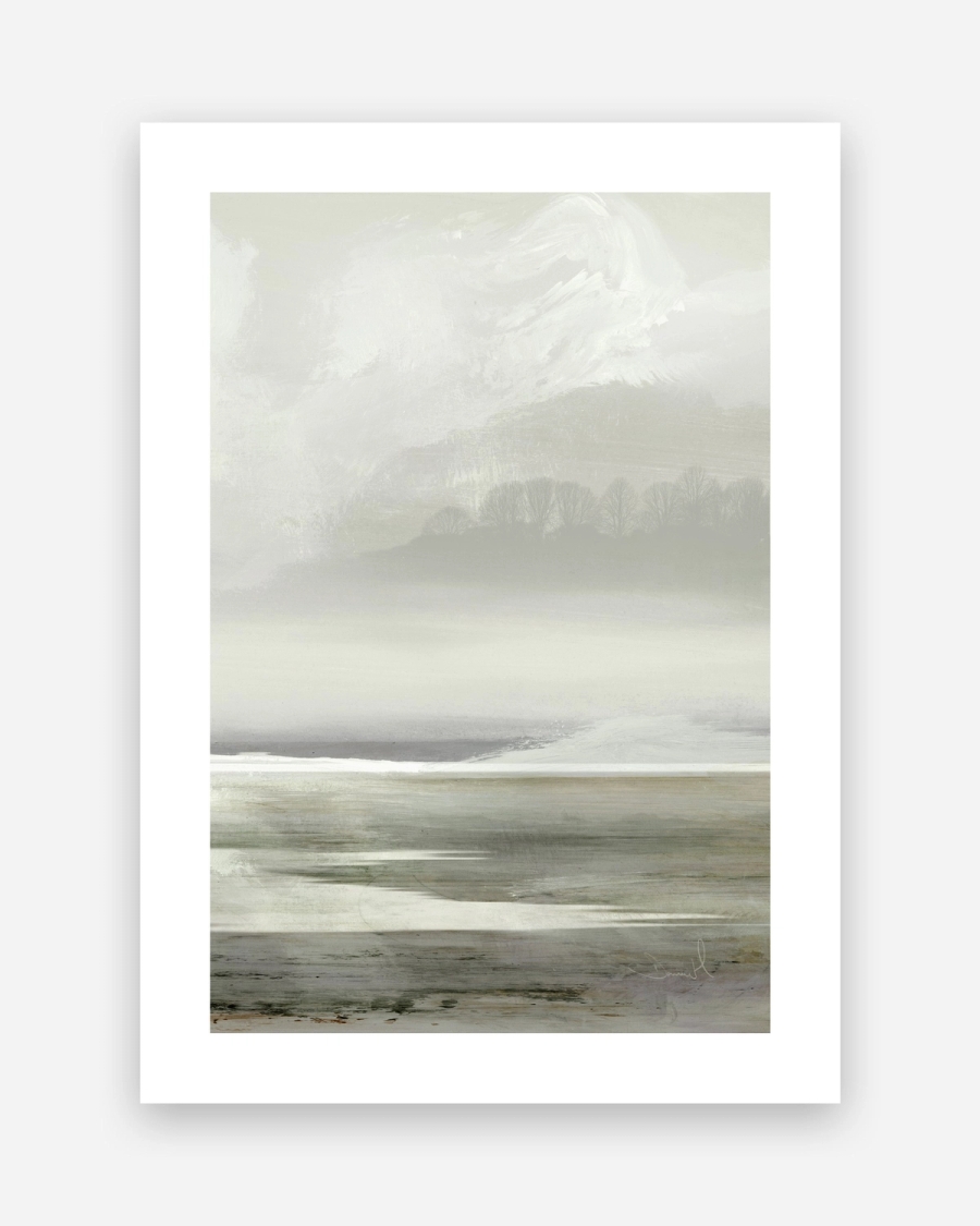 Misty Treeline poster with a white border, unframed on a light gray background