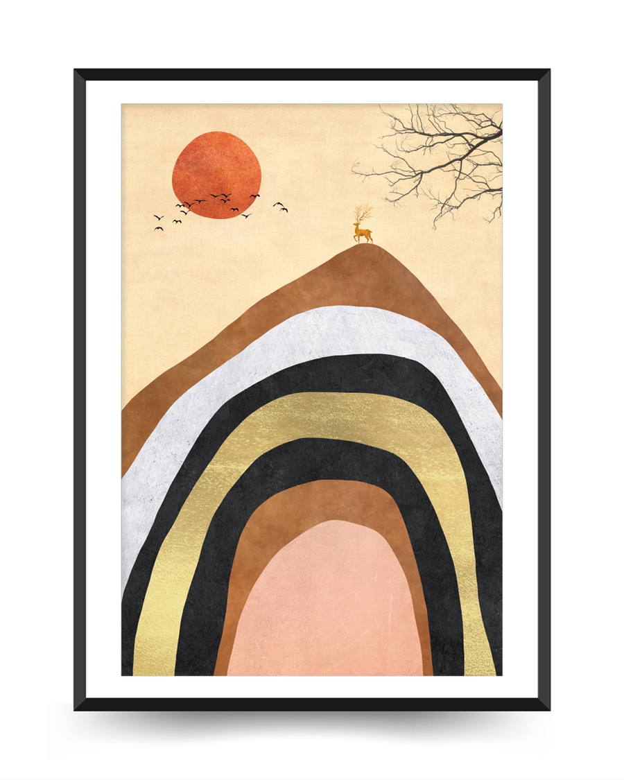 A poster of a Japandi mountain layers with sun and deer