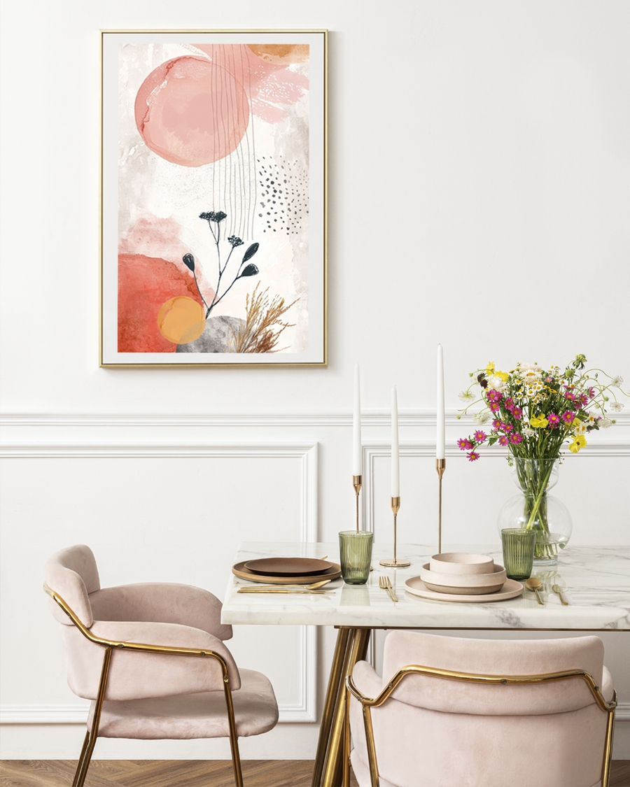 A poster of a Abstract poster with coral circles and black botanical details