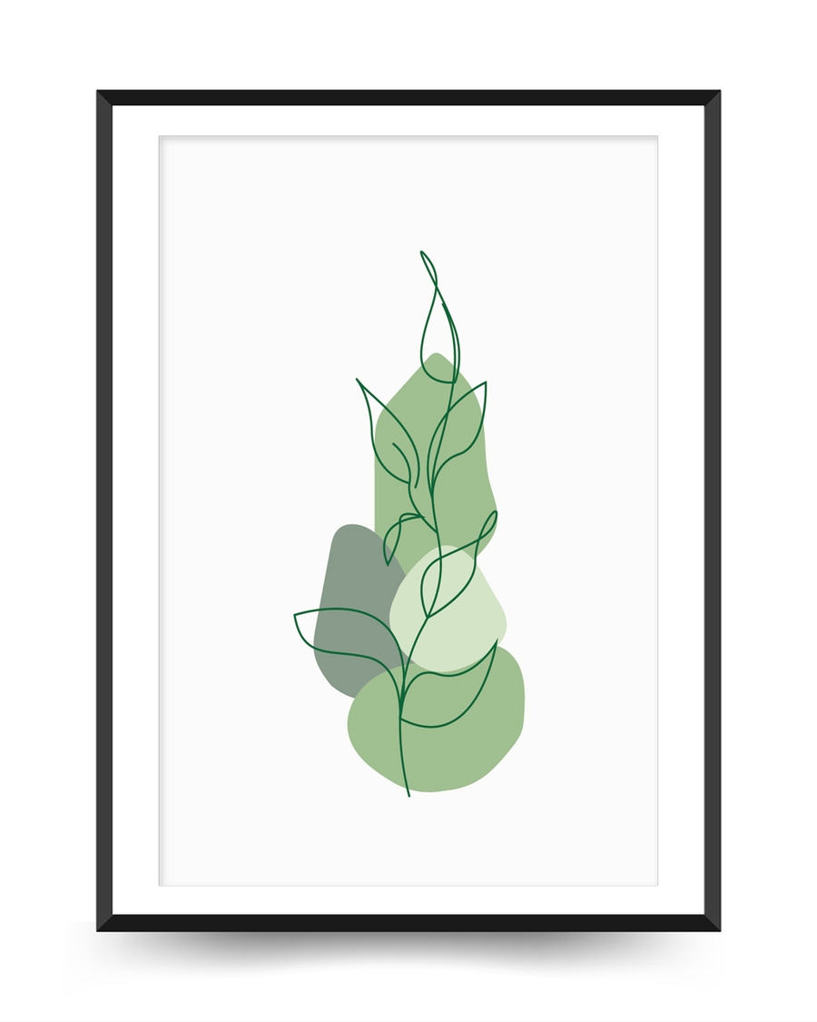 A poster of a Minimal green line plant over soft abstract shapes