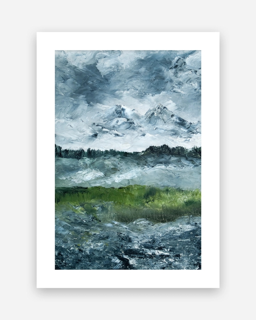 Peaks Beyond the Meadow poster with a white border, unframed on a light gray background