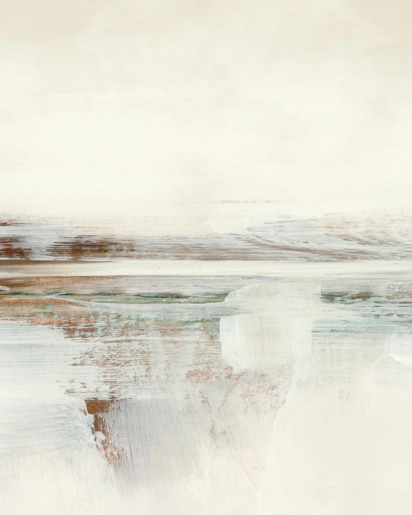 Abstract painted landscape with rust, pale green and white brushstrokes on a cream ground
