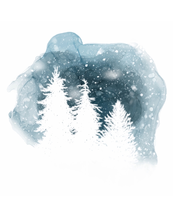 Snowy pine trees in dreamy blue watercolor background