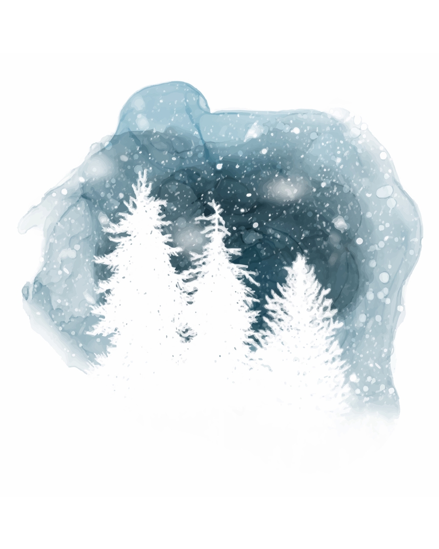 Snowy pine trees in dreamy blue watercolor background