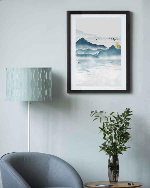 A poster of a Illustrated mountain lake with mist and flying birds