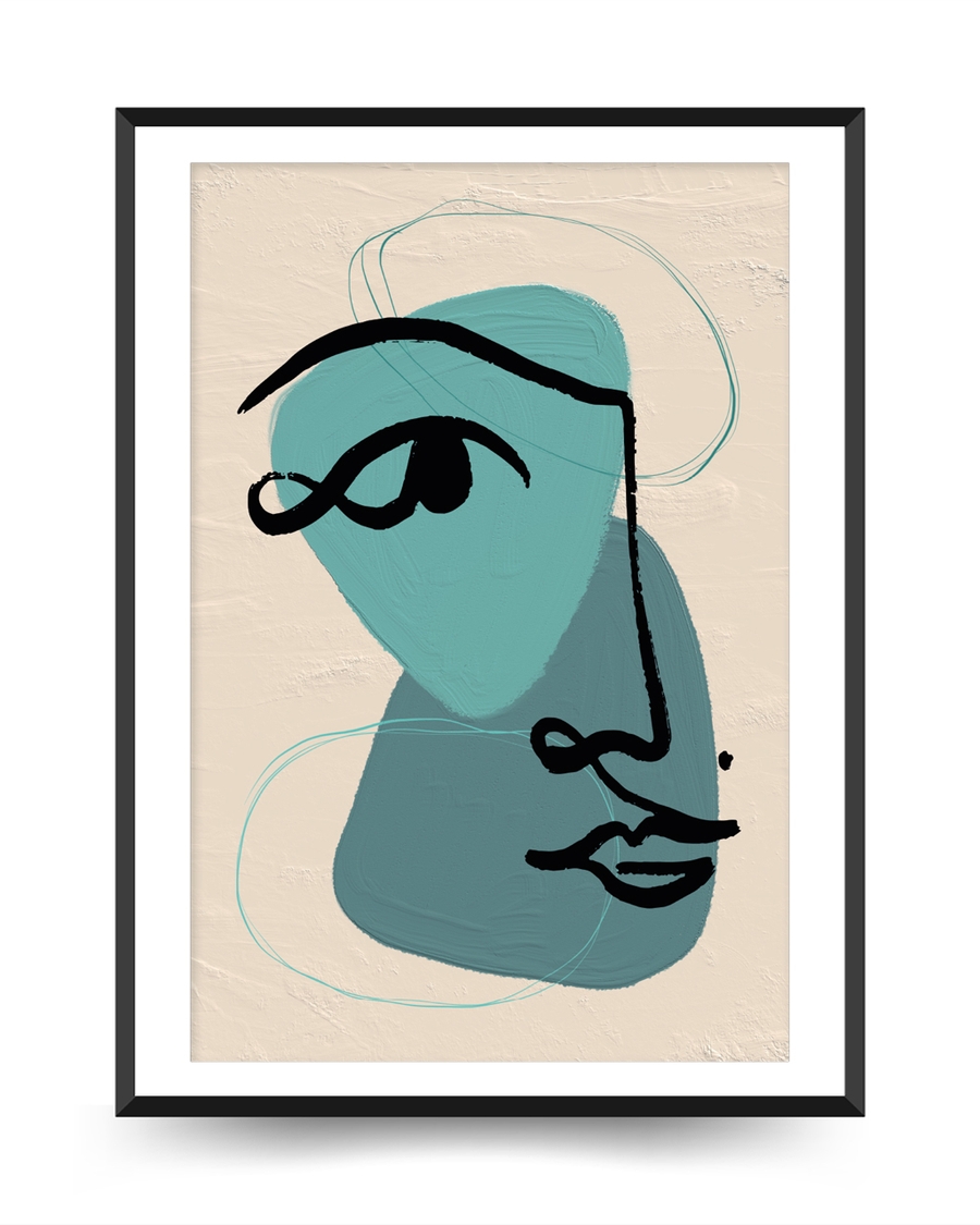 A poster of a Abstract teal face with black line on beige background