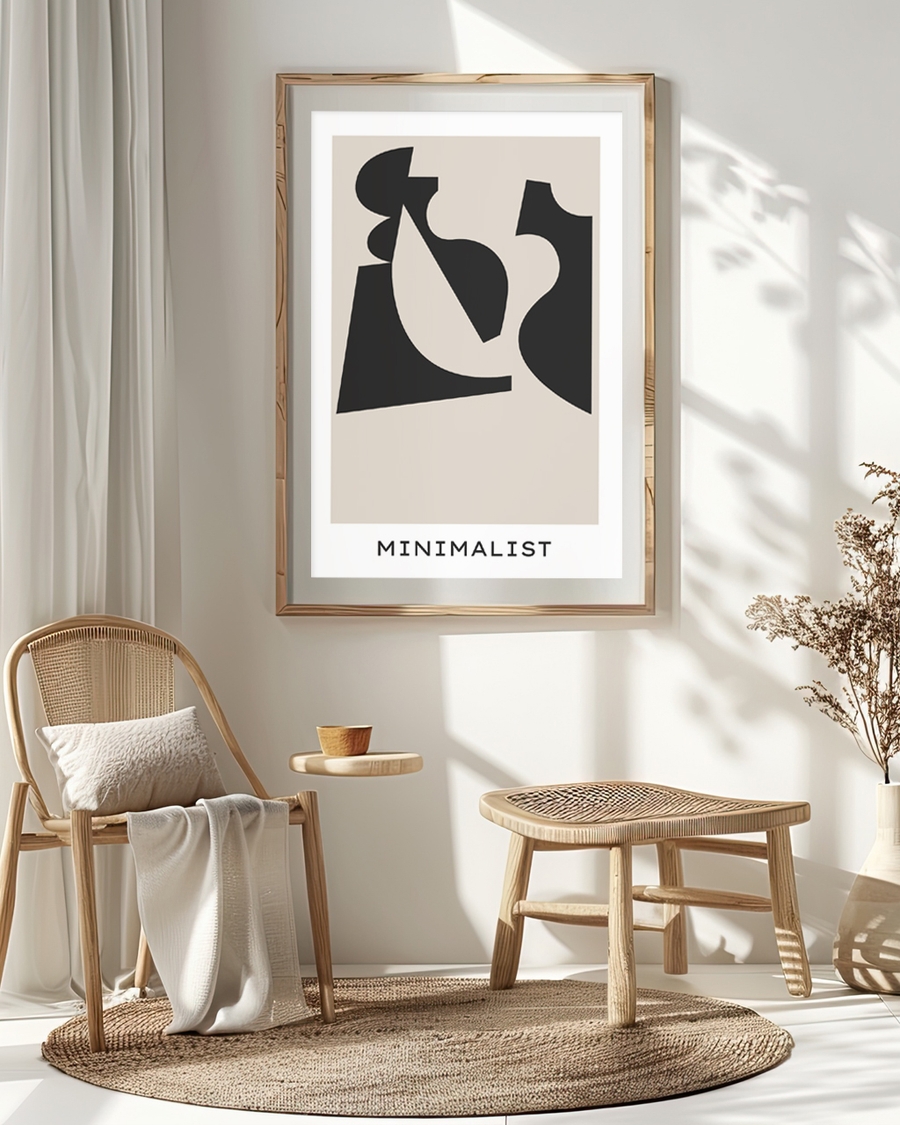 A poster of a Black abstract shapes on warm beige background