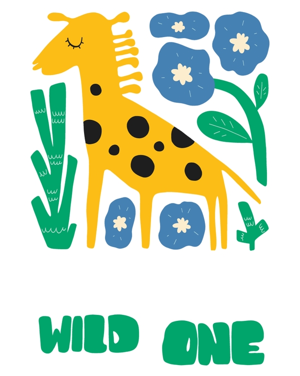 Yellow giraffe with blue flowers and greenery