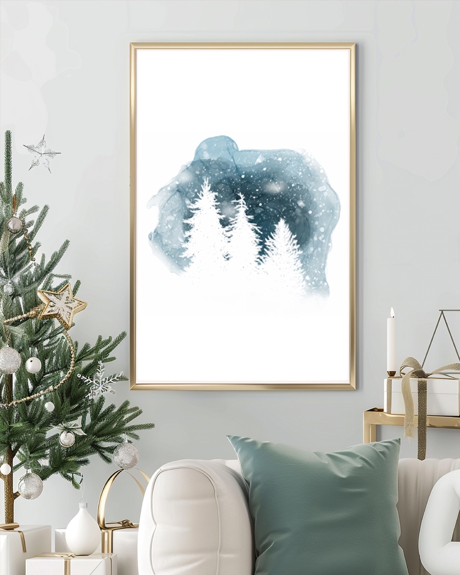 A poster of a snowy pine trees in dreamy blue watercolor background