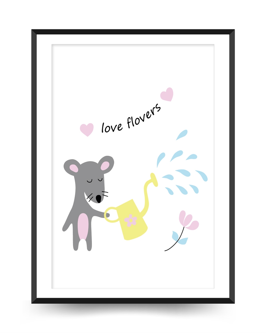 A poster of a Mouse illustration watering flowers with love text