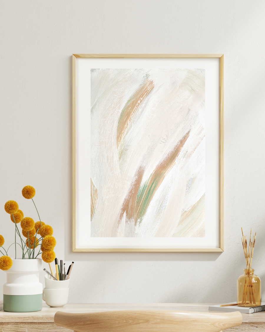 A poster of a Beige and green flowing strokes on white background
