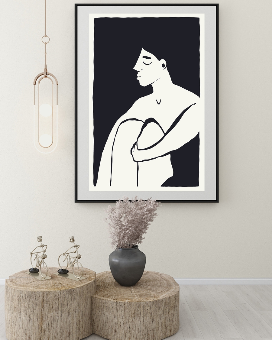 A oster of a minimalist black and white abstract human figure.