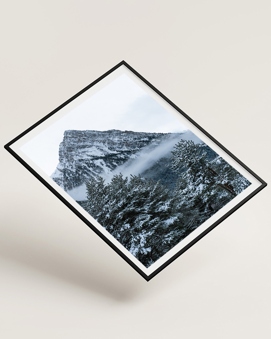 Snow-covered mountain peak above misty pine forest poster