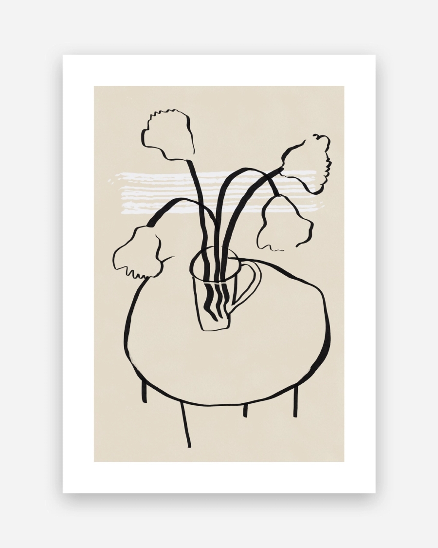 Flowers in a Mug poster with a white border, unframed on a light gray background