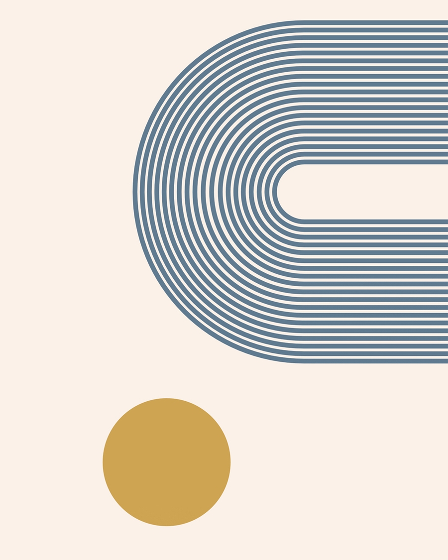 Abstract poster with layered blue curves and golden circle