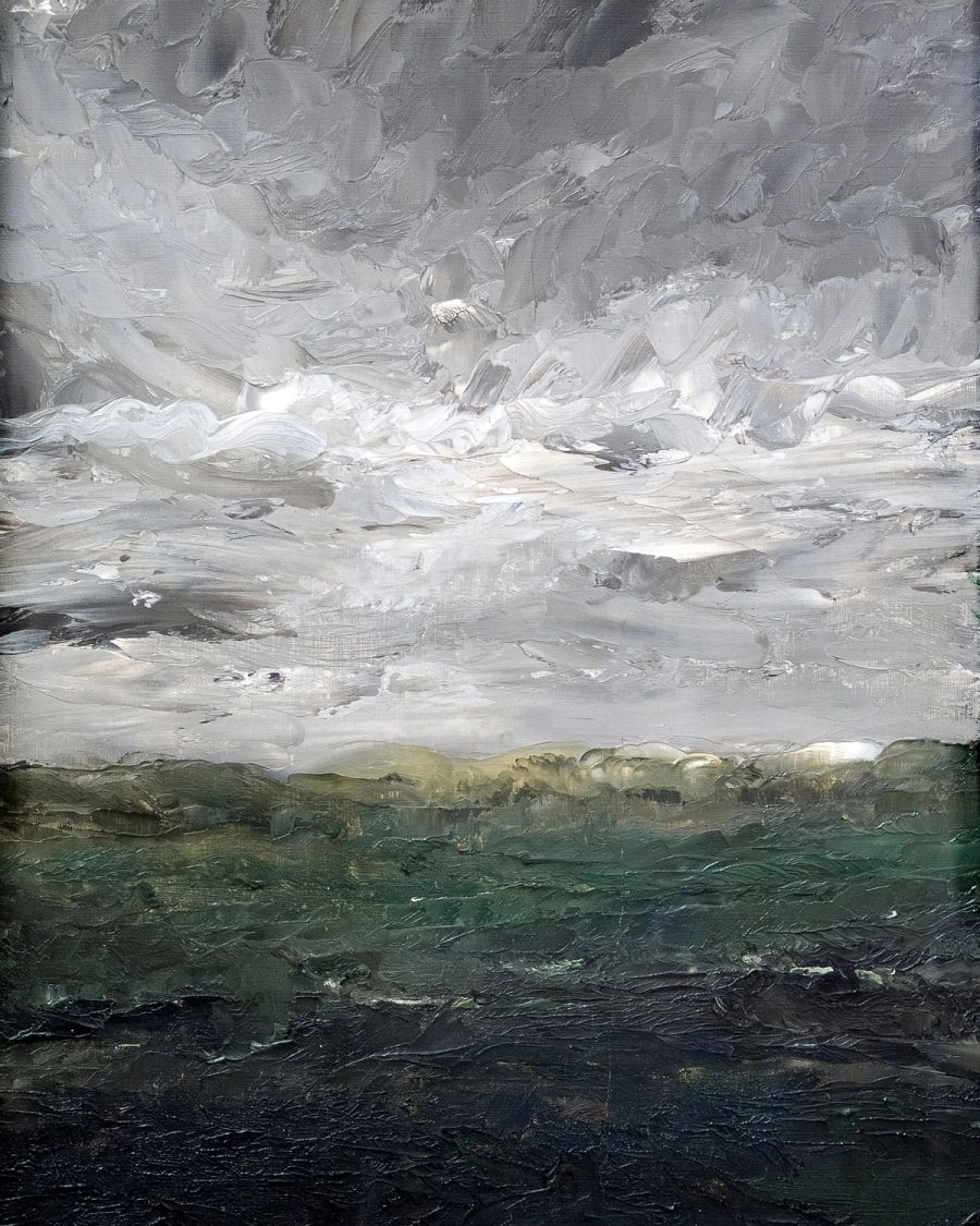 Oil painted landscape with a heavy gray cloudy sky above dark green moorland and a pale horizon