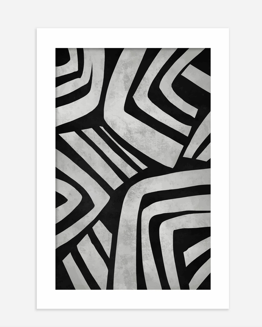 A poster of a Abstract monochrome lines forming layered geometric shapes