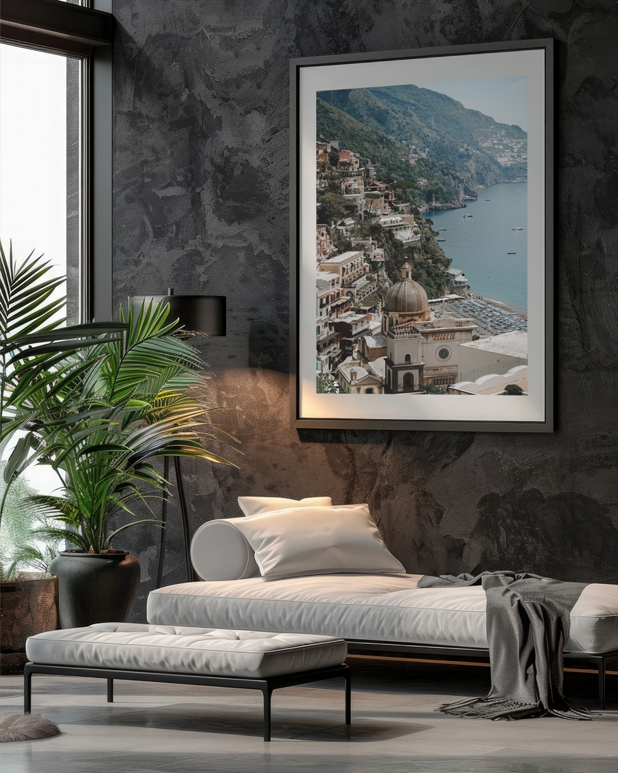 A poster of a Historic coastal city with domed building by sea