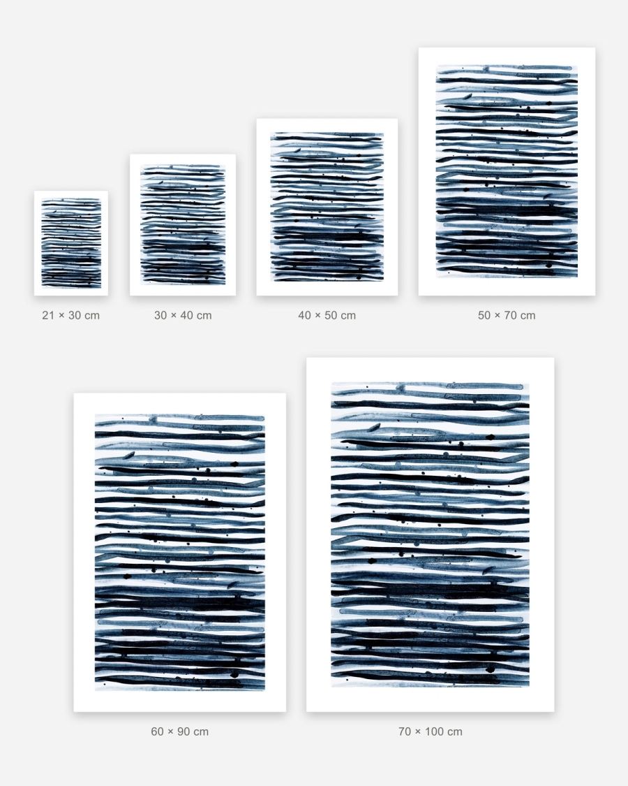 Indigo Stripes poster in 6 sizes, shown to scale: 21 × 30, 30 × 40, 40 × 50, 50 × 70, 60 × 90 and 70 × 100 cm