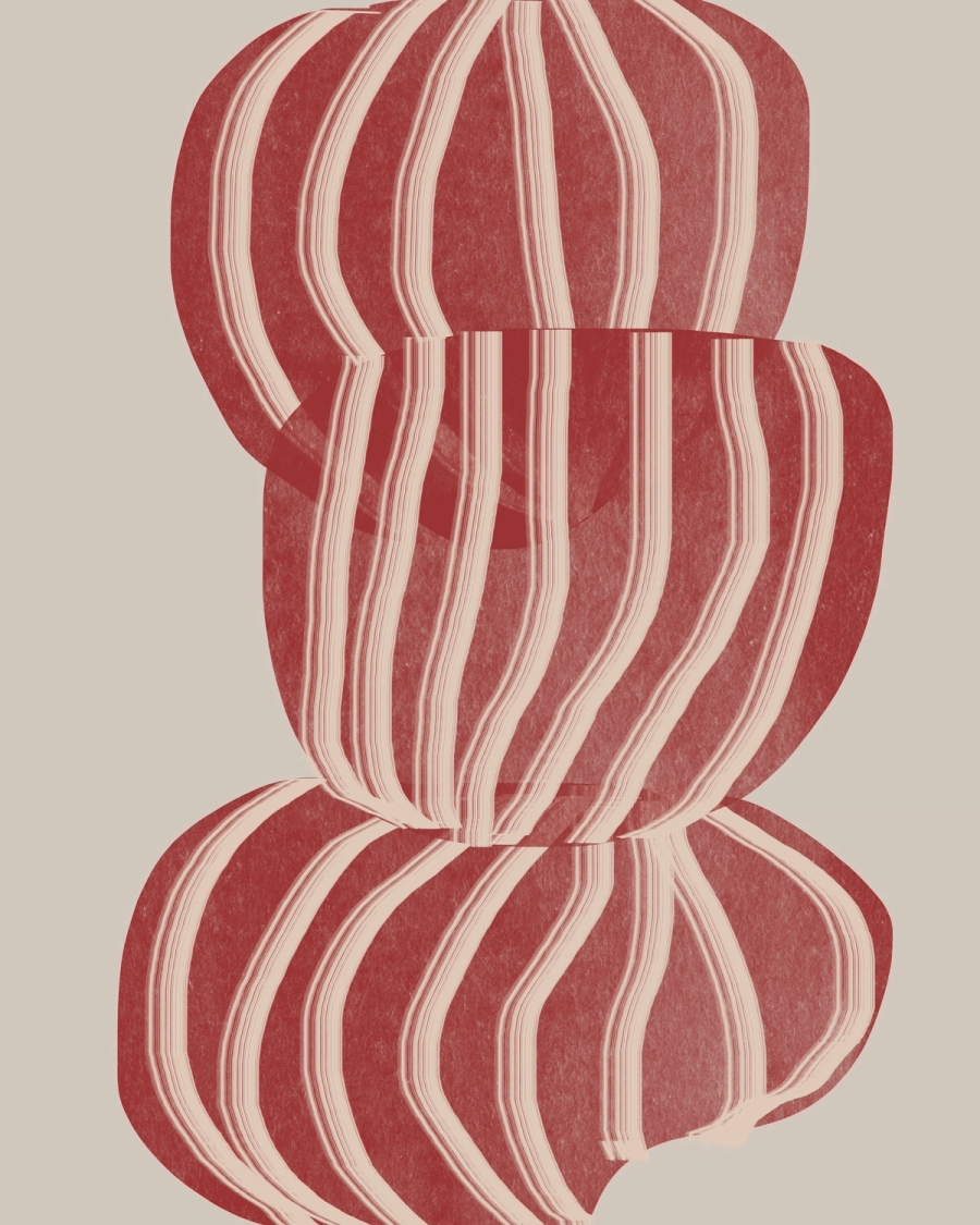 Abstract illustration of three stacked rounded forms with cream stripes on brick red, greige background