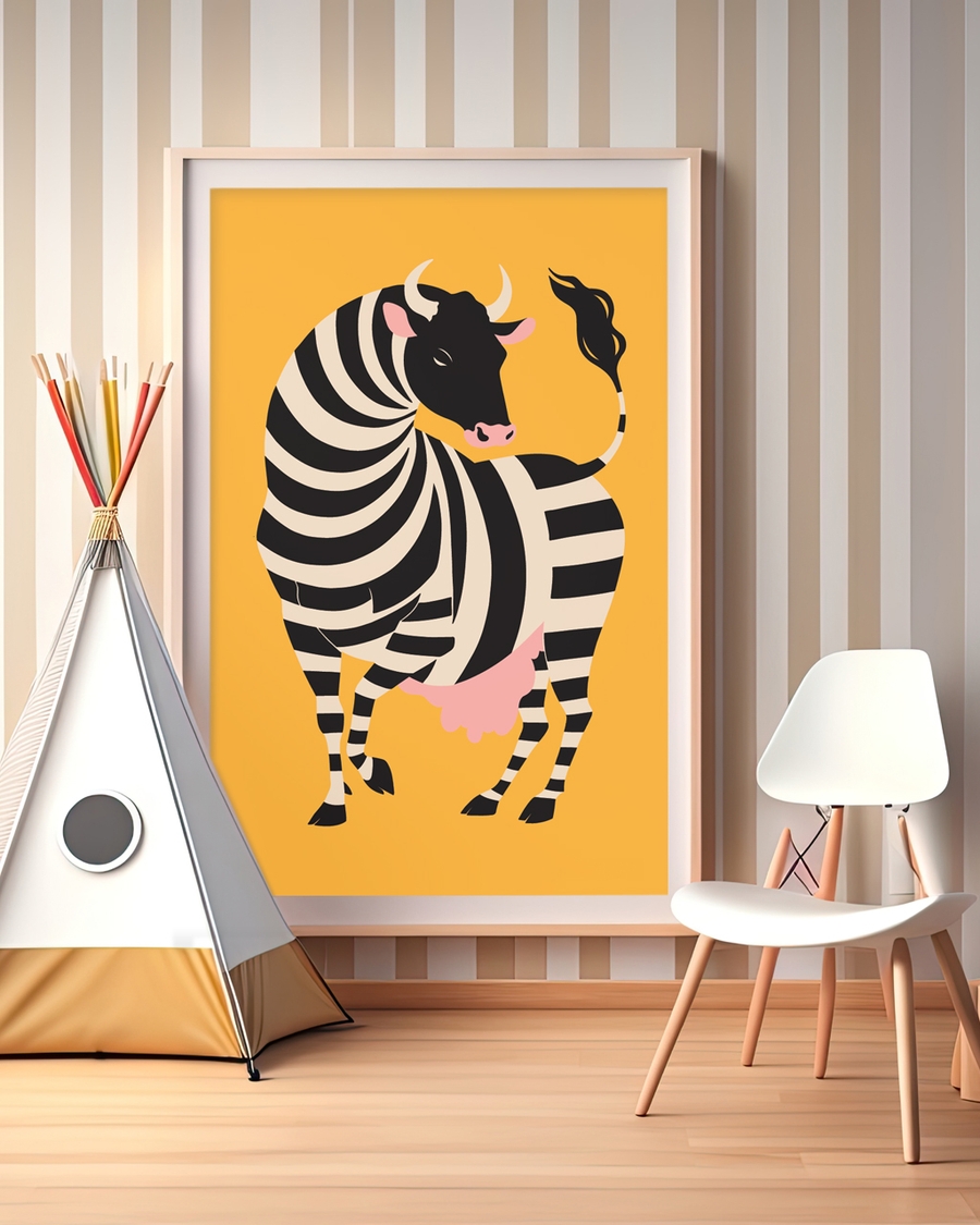 A poster of a Striped cow illustration on warm yellow background