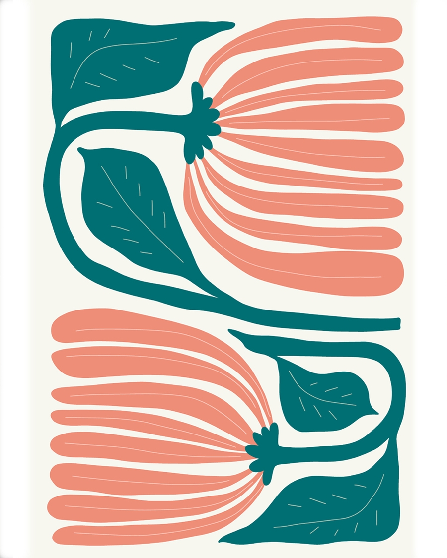 Modern floral poster with coral petals and teal leaves