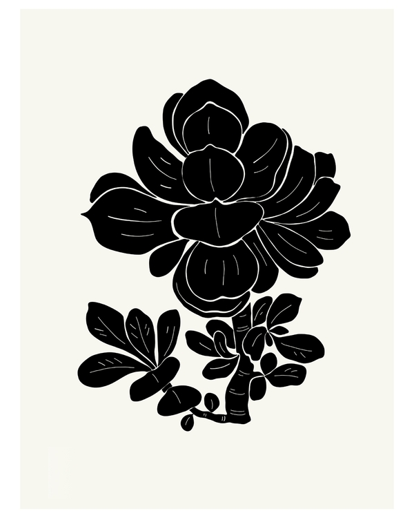 Black floral silhouette on soft ivory background