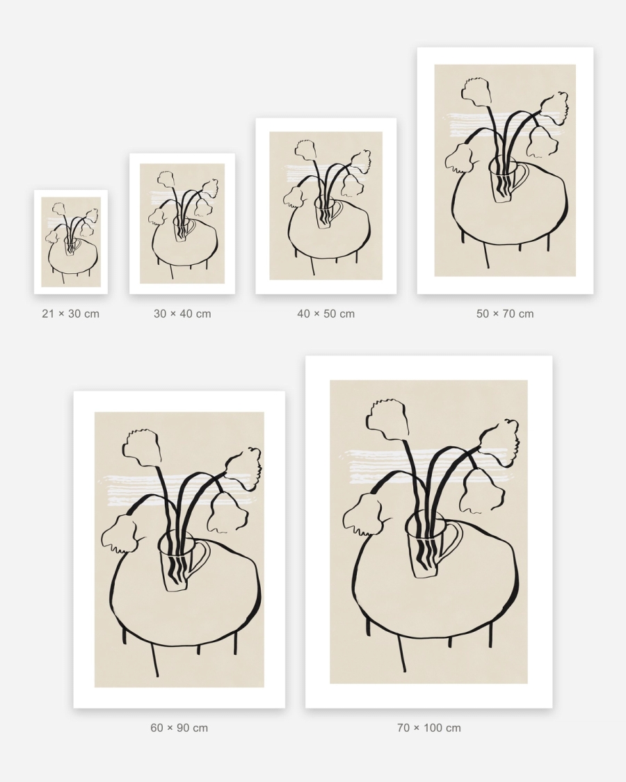 Flowers in a Mug poster in 6 sizes, shown to scale: 21 × 30, 30 × 40, 40 × 50, 50 × 70, 60 × 90 and 70 × 100 cm