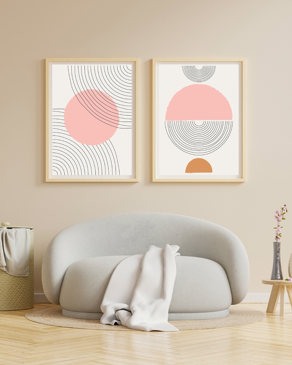 A poster of a minimalist poster with pink circle and curved lines.