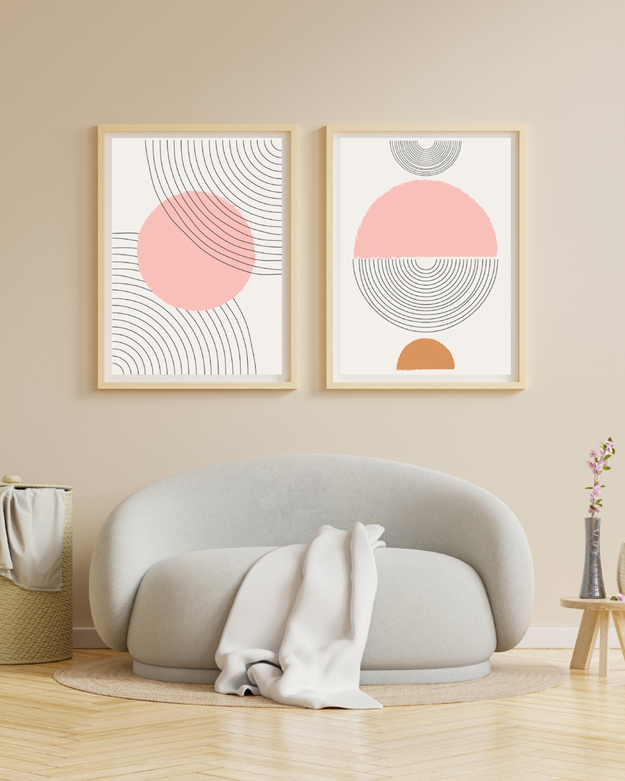 A poster of a minimalist poster with pink circle and curved lines.