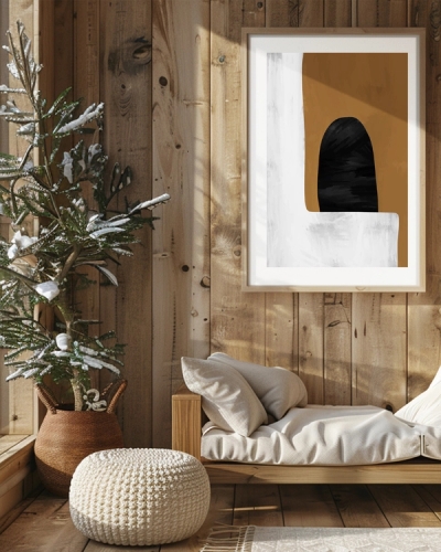 A poster of a abstract poster with brown, black, and gray shapes