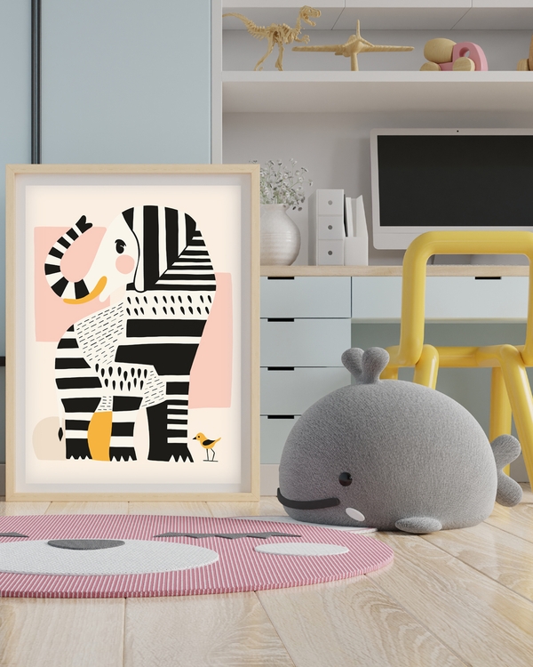A poster of a striped elephant with small bird and soft shapes