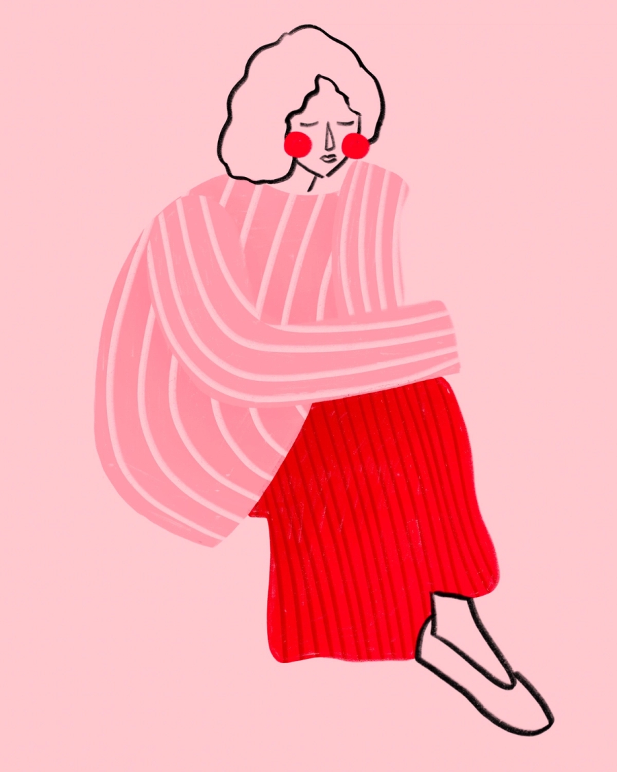 Illustration of a seated woman in a striped pink sweater and red skirt with red round cheeks