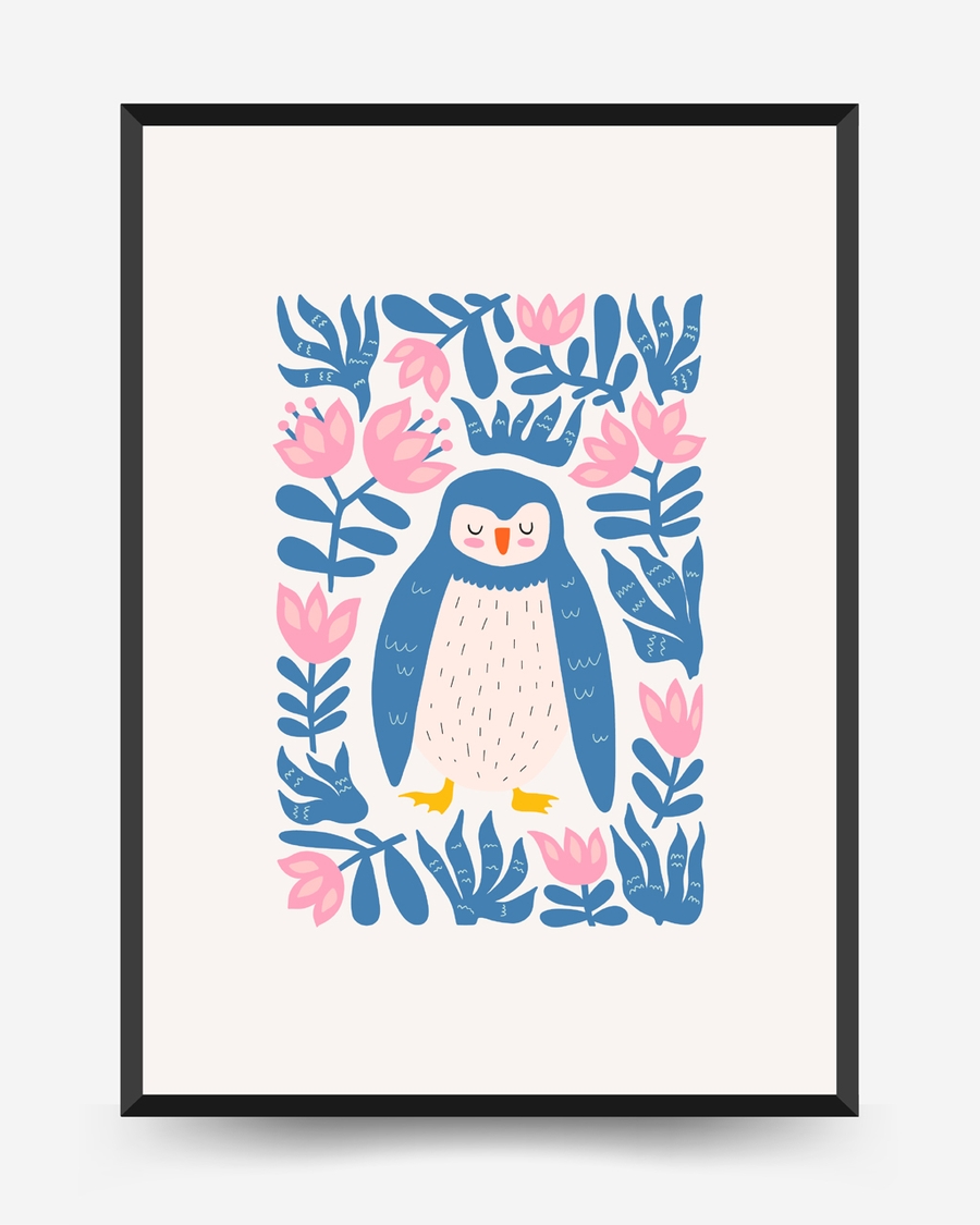 A poster of a Blue penguin surrounded by pink flowers and leaves