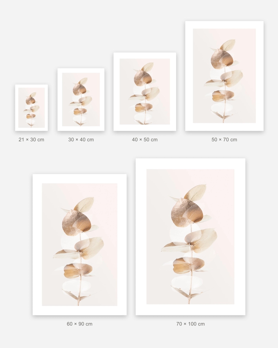 Gilded Eucalyptus poster in 6 sizes, shown to scale: 21 × 30, 30 × 40, 40 × 50, 50 × 70, 60 × 90 and 70 × 100 cm